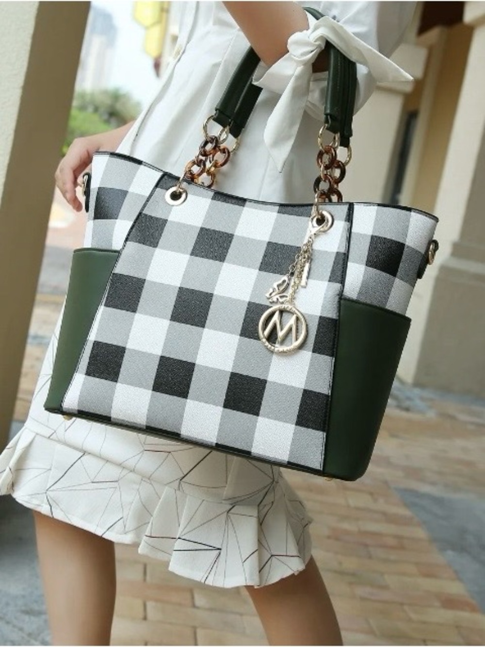 MKF Collection Checkerboard Tote Bag with Wallet - Black & White - Picture 11 of 11